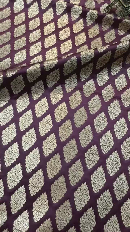 SATIN BROCADE BOOTA FABRIC – WINE (ZARI SILK WEAVE, PER METER)