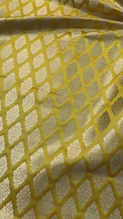 SATIN BROCADE BOOTA FABRIC – YELLOW GOLD HALDI (ZARI SILK WEAVE, PER METER)