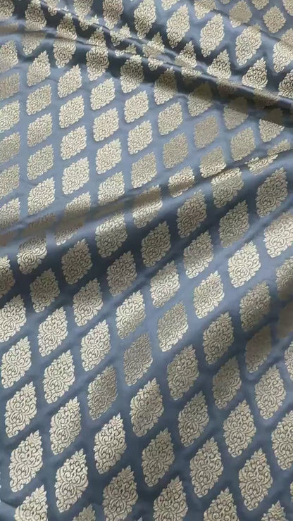 SATIN BROCADE BOOTA FABRIC – GRAY (ZARI SILK WEAVE, PER METER)