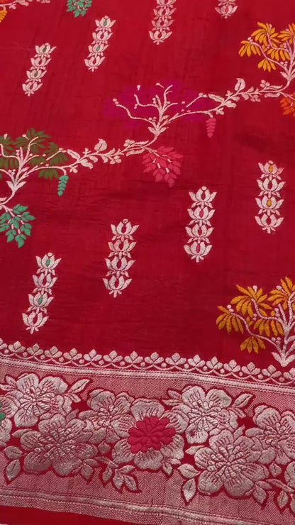 PURE TUSSAR KHADDI GEORGETTE SAREE – RED (KADHUWA REAL ZARI, BOOTA & JAAL DESIGN)