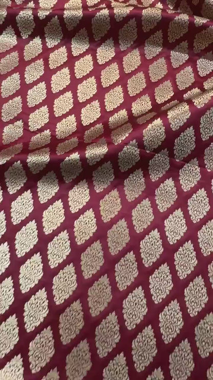 SATIN BROCADE BOOTA FABRIC – MAROON (ZARI SILK WEAVE, PER METER)