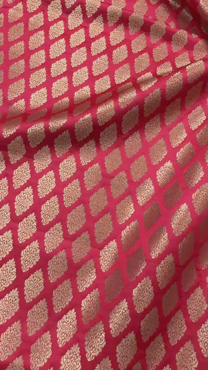 SATIN BROCADE BOOTA FABRIC – STRAWBERRY (ZARI SILK WEAVE, PER METER)