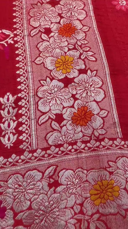 PURE TUSSAR KHADDI GEORGETTE SAREE – RED (KADHUWA REAL ZARI, BOOTA & JAAL DESIGN)