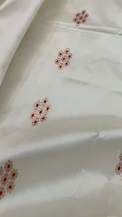 HANDLOOM CHINIYA SILK FABRIC – IVORY CREAM (KADHUWA BOOTA WITH MEENAKARI, GOLDEN ZARI WEAVE, DYEABLE, PER METER)