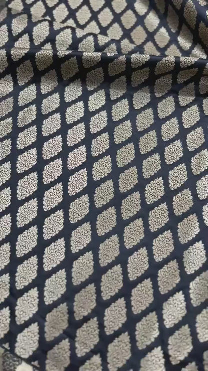 SATIN BROCADE BOOTA FABRIC – BLACK (ZARI SILK WEAVE, PER METER)